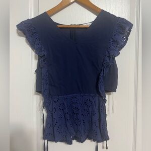 Chicways Navy Blue Eyelet Ruffle Top Size L